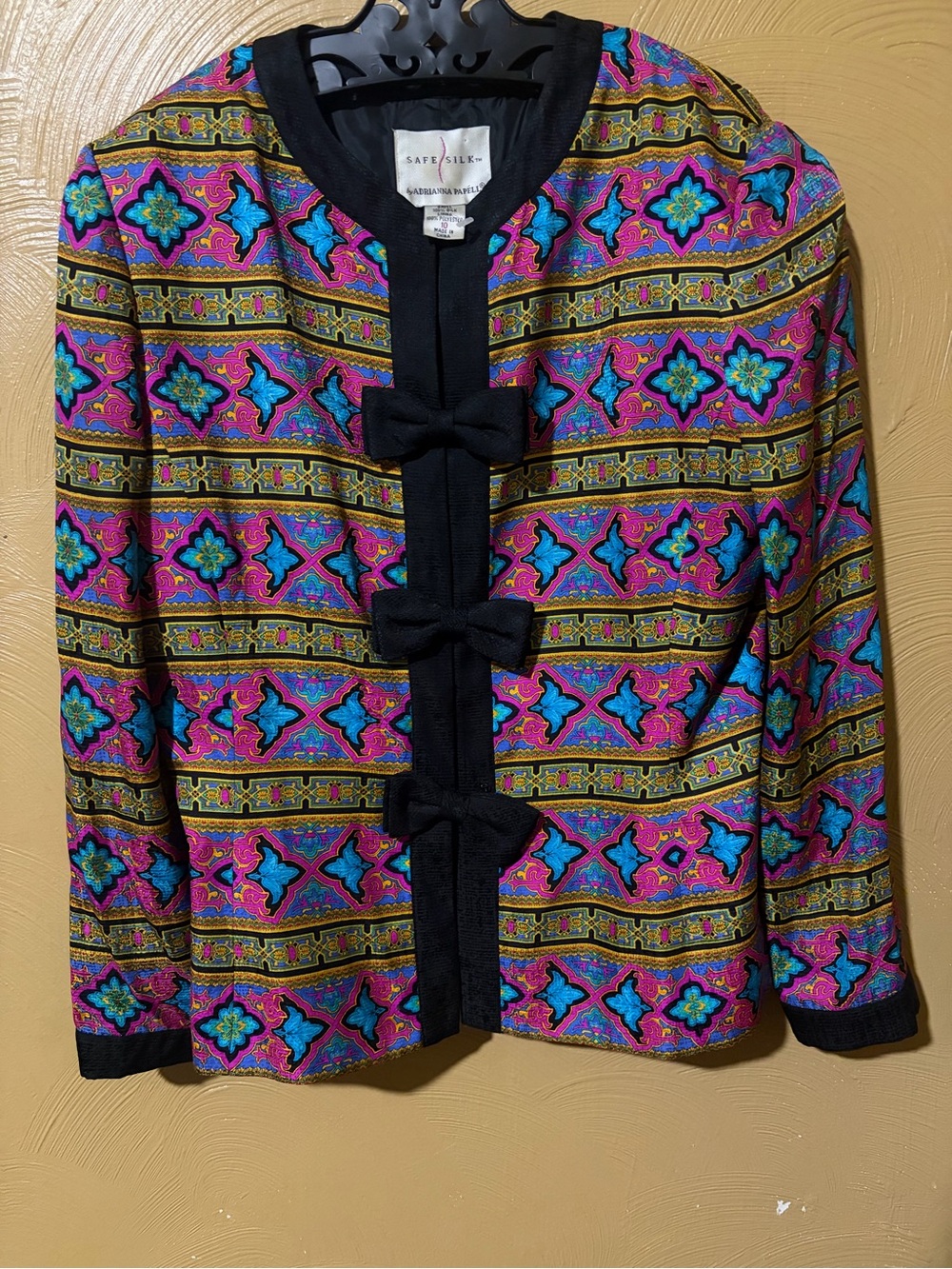 Saks Fifth Avenue Multicolor Patterned Jacket with Black Bow Trim